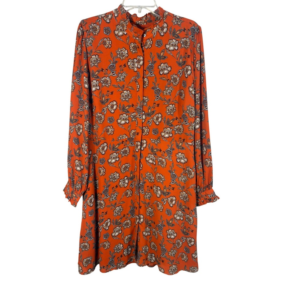 LOFT Shirt Dress Women 14 Orange Excellent Floral Ruffle Mock‎ Neck Long Sleeve